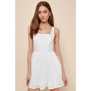 NWT Lulus Gorgeous Bliss White Jacquard Rosette Bustier Mini Dress Size S